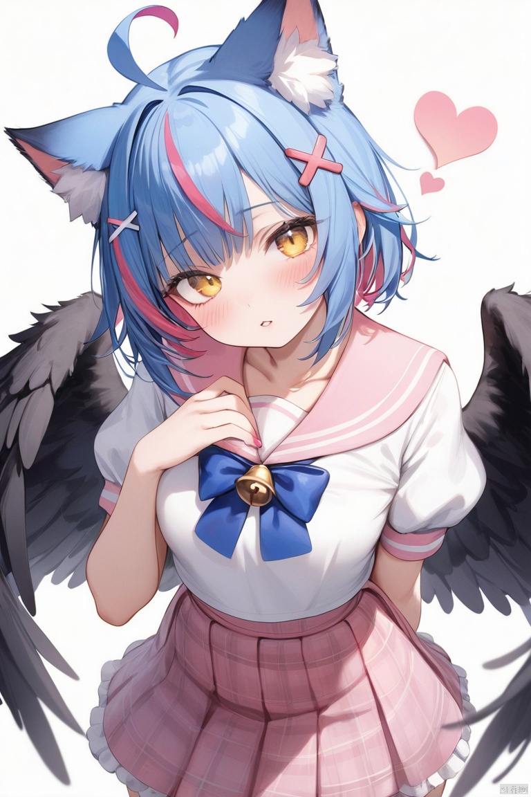 1girl, solo, looking at viewer, blush, short hair, bangs, skirt, shirt, hair ornament, white background, bow, animal ears, blue hair, standing, yellow eyes, white shirt, ahoge, short sleeves, heart, multicolored hair, cowboy shot, frills, parted lips, wings, puffy sleeves, virtual youtuber, cat ears, hand up, bowtie, sailor collar, nail polish, puffy short sleeves, streaked hair, animal ear fluff, head tilt, plaid, bell, blue bow, x hair ornament, feathered wings, pink skirt, arm behind back, kemonomimi mode, pink sailor collar
,Masterpiece,Best quality,Extremely detailed