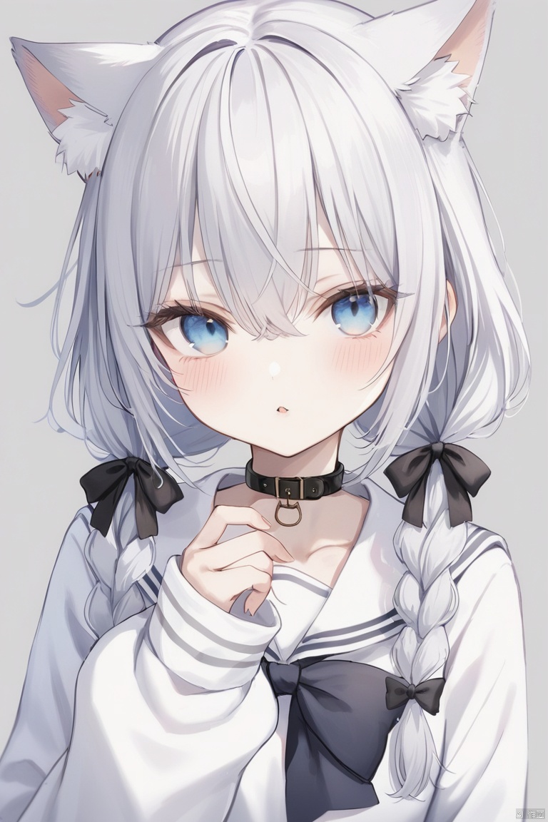 1girl, solo, long hair, looking at viewer, blush, bangs, blue eyes, simple background, shirt, long sleeves, bow, animal ears, hair between eyes, twintails, school uniform, white shirt, upper body, braid, white hair, hair bow, parted lips, serafuku, puffy sleeves, cat ears, hand up, sailor collar, grey background, twin braids, animal ear fluff, sleeves past wrists, black bow, low twintails, blue bow, puffy long sleeves, white sailor collar