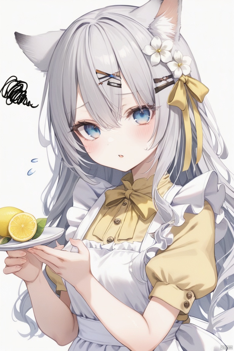 1girl, solo, long hair, looking at viewer, blush, bangs, blue eyes, simple background, hair ornament, white background, dress, bow, holding, animal ears, hair between eyes, flower, white hair, short sleeves, hair bow, grey hair, parted lips, food, hairclip, puffy sleeves, hair flower, apron, puffy short sleeves, hands up, fruit, flying sweatdrops, white flower, white apron, yellow bow, yellow dress, squiggle, lemon

