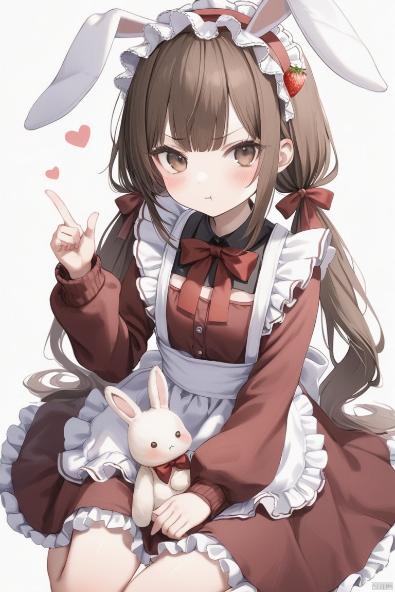 1girl, solo, long hair, looking at viewer, blush, bangs, simple background, brown hair, shirt, hair ornament, long sleeves, white background, dress, bow, twintails, brown eyes, sitting, closed mouth, full body, heart, hairband, frills, food, hand up, apron, red bow, v-shaped eyebrows, maid headdress, fruit, low twintails, red dress, white apron, index finger raised, frilled apron, rabbit, :t, pout, strawberry, red hairband, food-themed hair ornament, stuffed bunny, frilled hairband, strawberry hair ornament