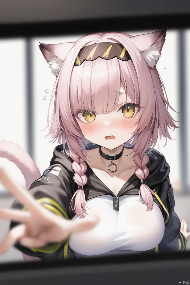 1girl, animal_ears, bangs, blurry, blurry_foreground, blush, braid, breasts, cat_ears, cat_girl, cat_tail, choker, depth_of_field, eyebrows_visible_through_hair, flying_sweatdrops, hairband, jacket, large_breasts, long_sleeves, looking_at_viewer,goldenglow_\(arknights\), motion_blur, pink_hair, pov, reaching_out, shirt, solo_focus, tail, yellow_eyes
