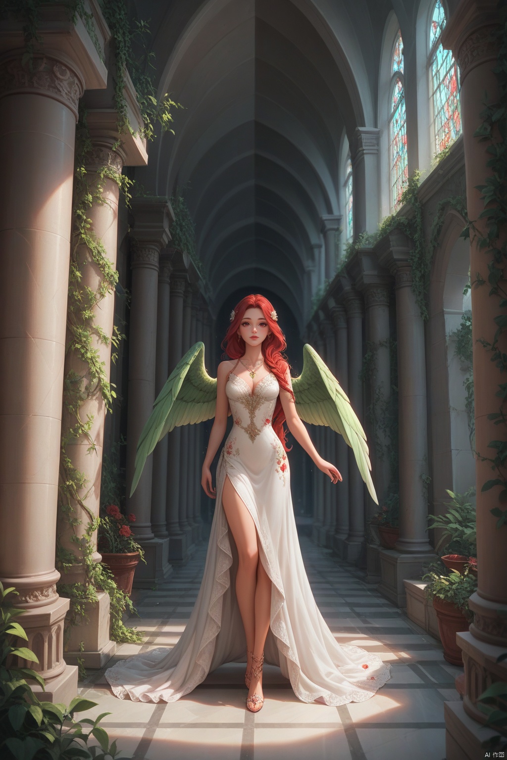 Digital art,  illustration,  This is an illustration of a character with white feathered wings on Tensor.Art