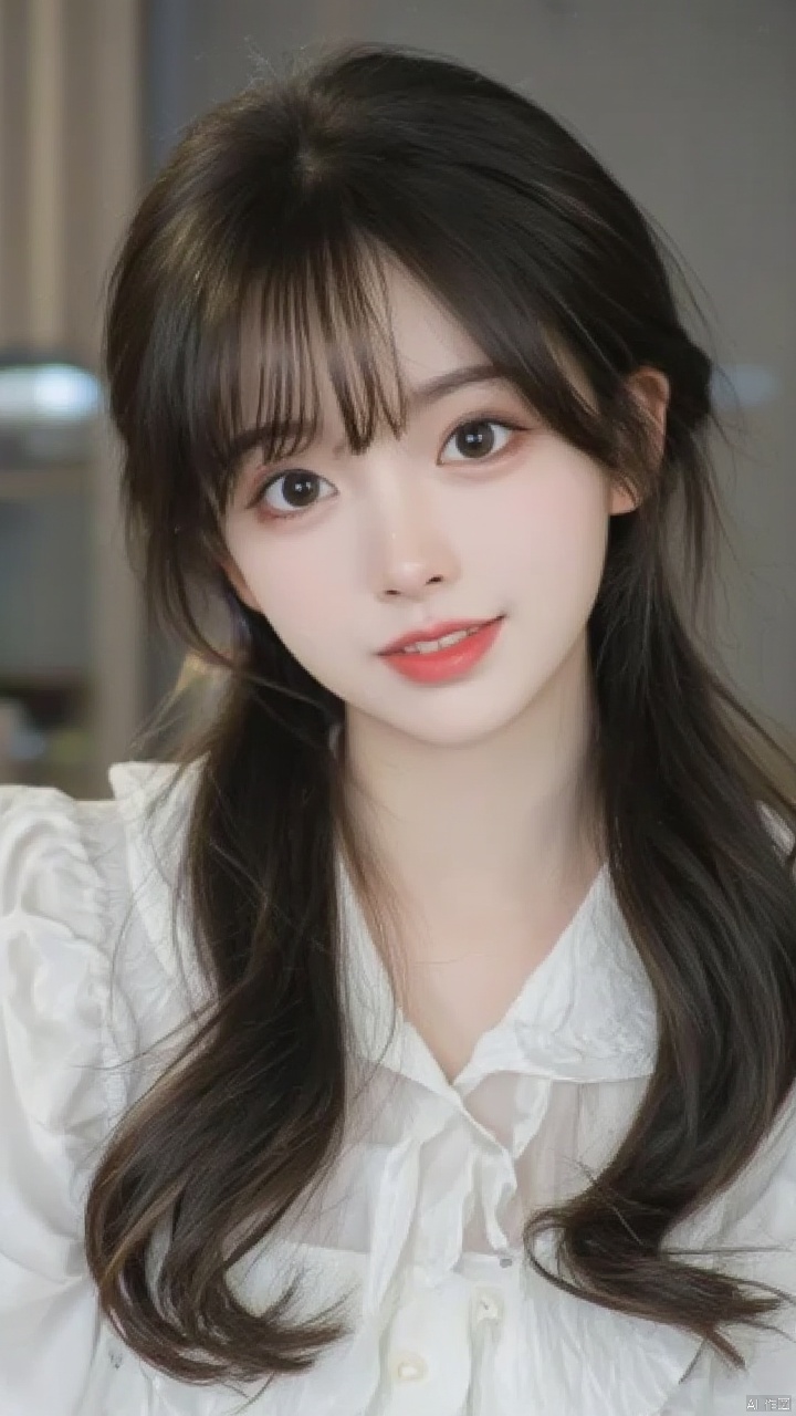 A close-up shot of a young Asian woman with dark brown eyes and dark brown hair. She is dressed in a white dress with a white blouse that has a ruffled collar. The background is blurred, but it is out of focus. The woman's lips are a vibrant shade of red. Her eyebrows are a darker shade of brown. She has a slight smile on her face, adding a pop of color to her face.