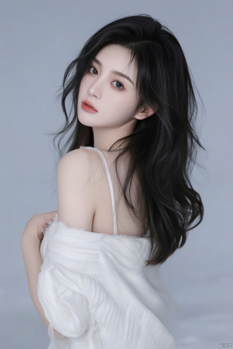 luoxue,snow,a woman,breasts, cleavage, black hair, long hair, realistic, looking at viewer, simple background, grey background, parted lips, bare shoulders, lips, black eyes, upper body,  off shoulder