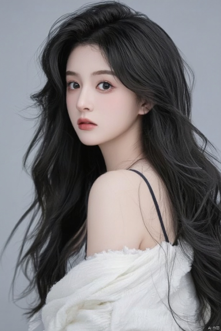 luoxue,snow,a woman,breasts, cleavage, black hair, long hair, realistic, looking at viewer, simple background, grey background, parted lips, bare shoulders, lips, black eyes, upper body,  off shoulder