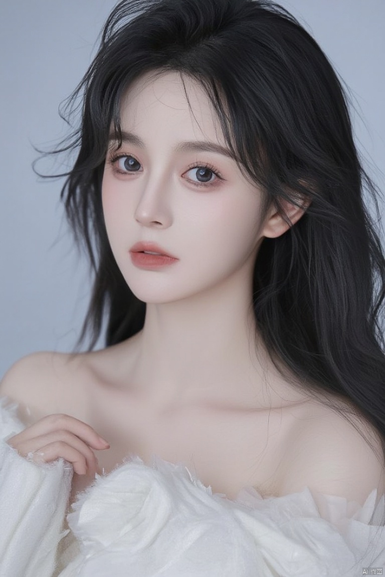 luoxue,snow,a woman,breasts, cleavage, black hair, long hair, realistic, looking at viewer, simple background, grey background, parted lips, bare shoulders, lips, black eyes, upper body,  off shoulder