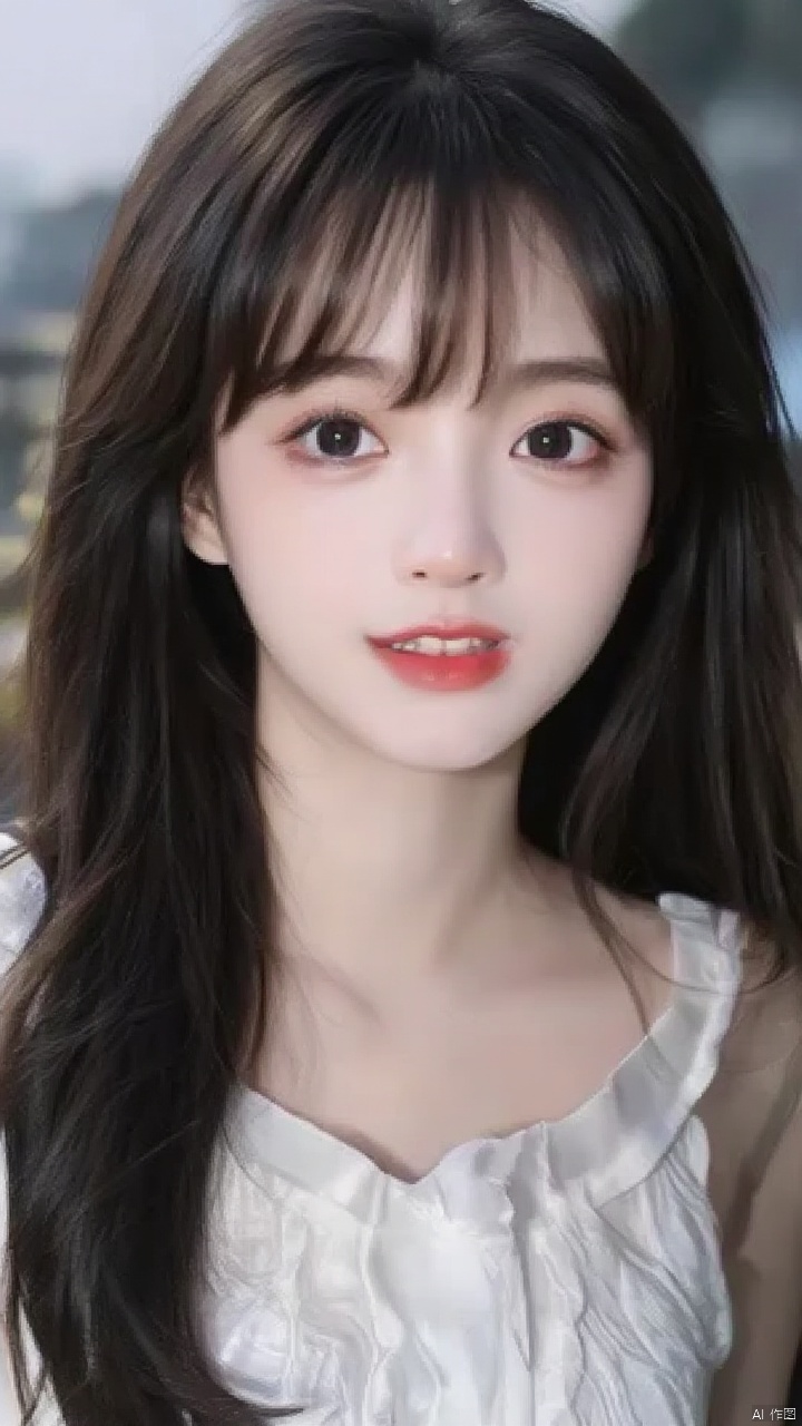 A close-up shot of a young Asian woman with dark brown eyes and dark brown hair. She is dressed in a white dress with a white blouse that has a ruffled collar. The background is blurred, but it is out of focus. The woman's lips are a vibrant shade of red. Her eyebrows are a darker shade of brown. She has a slight smile on her face, adding a pop of color to her face.