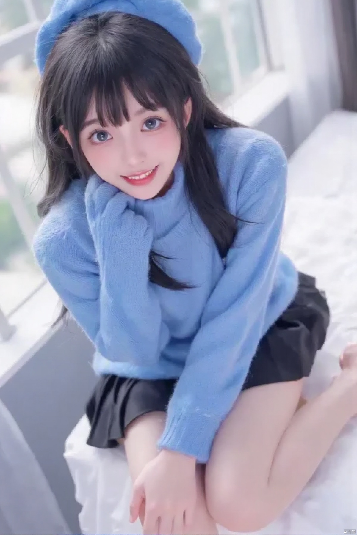 1girl, solo, long hair, breasts, looking at viewer, blush, smile, bangs, blue eyes, skirt, shirt, long sleeves, hat, medium breasts, sitting, closed mouth, black hair, thighs, sweat, pleated skirt, barefoot, indoors, miniskirt, black skirt, sweater, bare legs, window, bed, bed sheet, turtleneck, beret, on bed, from above, wariza, blue shirt, blue headwear, blue sweater