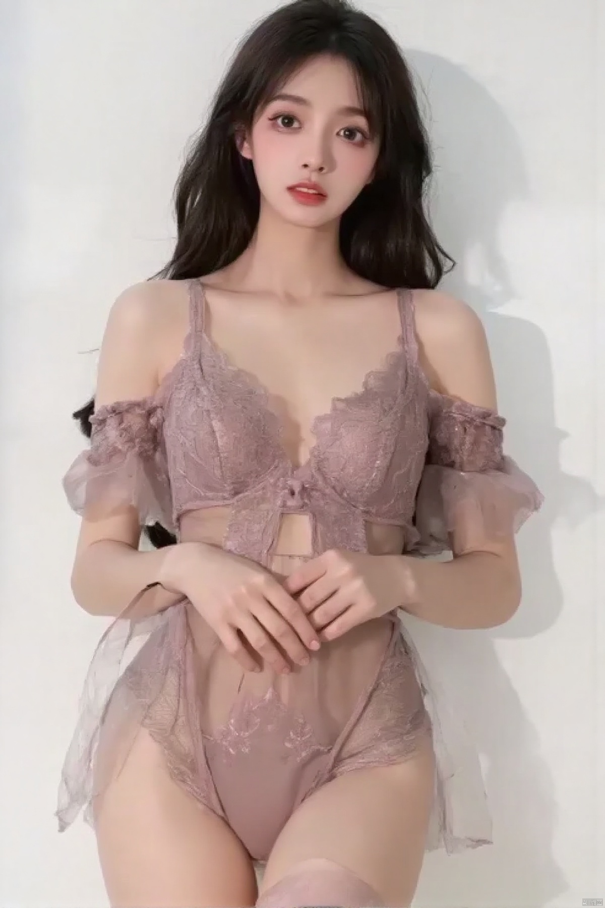(best quality,4k,8k,highres,masterpiece:1.2),ultra-detailed,(realistic,photorealistic,photo-realistic:1.37),a girl in a high-cut swimsuit with intricate lace patterns,deep v-neck,off-shoulder,exposed waist and navel,e cup,thigh-high image,beautiful detailed eyes,alluring golden pupils,smooth fair skin,standing on a white background,thigh-high sheer stockings,delicate lace,highly detailed,extremely detailed,ultra-fine painting,sharp focus,physically-based rendering,extreme detail description,professional,vivid colors,bokeh,complex textures,18k resolution,ultra high resolution,top quality,superb lighting,gorgeous,mesmerizing,enticing