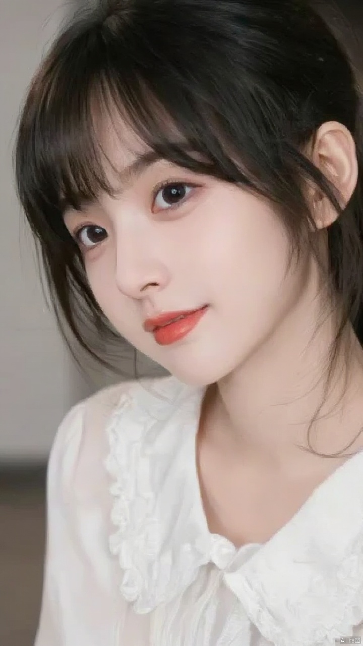A close-up shot of a young Asian woman with dark brown eyes and dark brown hair. She is dressed in a white dress with a white blouse that has a ruffled collar. The background is blurred, but it is out of focus. The woman's lips are a vibrant shade of red. Her eyebrows are a darker shade of brown. She has a slight smile on her face, adding a pop of color to her face.