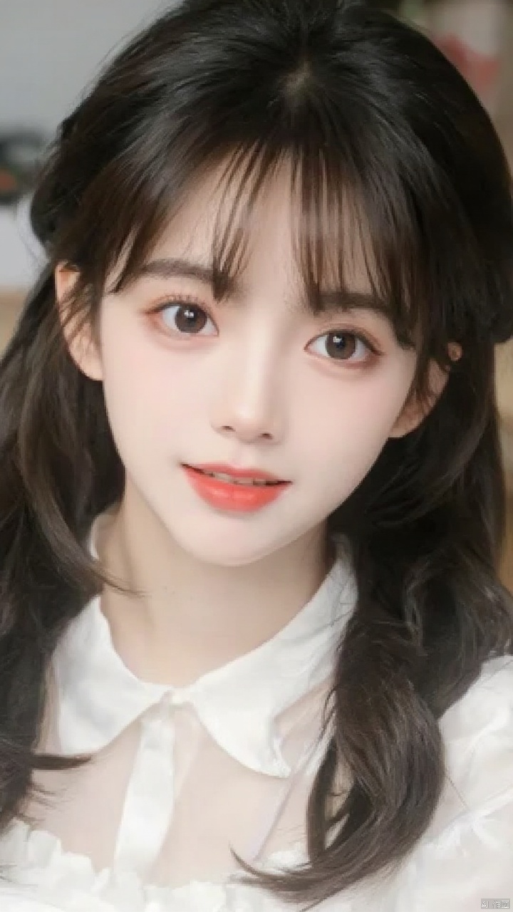 A close-up shot of a young Asian woman with dark brown eyes and dark brown hair. She is dressed in a white dress with a white blouse that has a ruffled collar. The background is blurred, but it is out of focus. The woman's lips are a vibrant shade of red. Her eyebrows are a darker shade of brown. She has a slight smile on her face, adding a pop of color to her face.