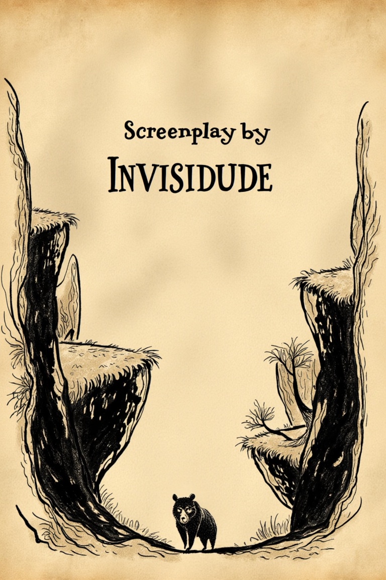 Text that says "Screenplay by INVISIDUDE",  a bear,  cliffs on Tensor.Art