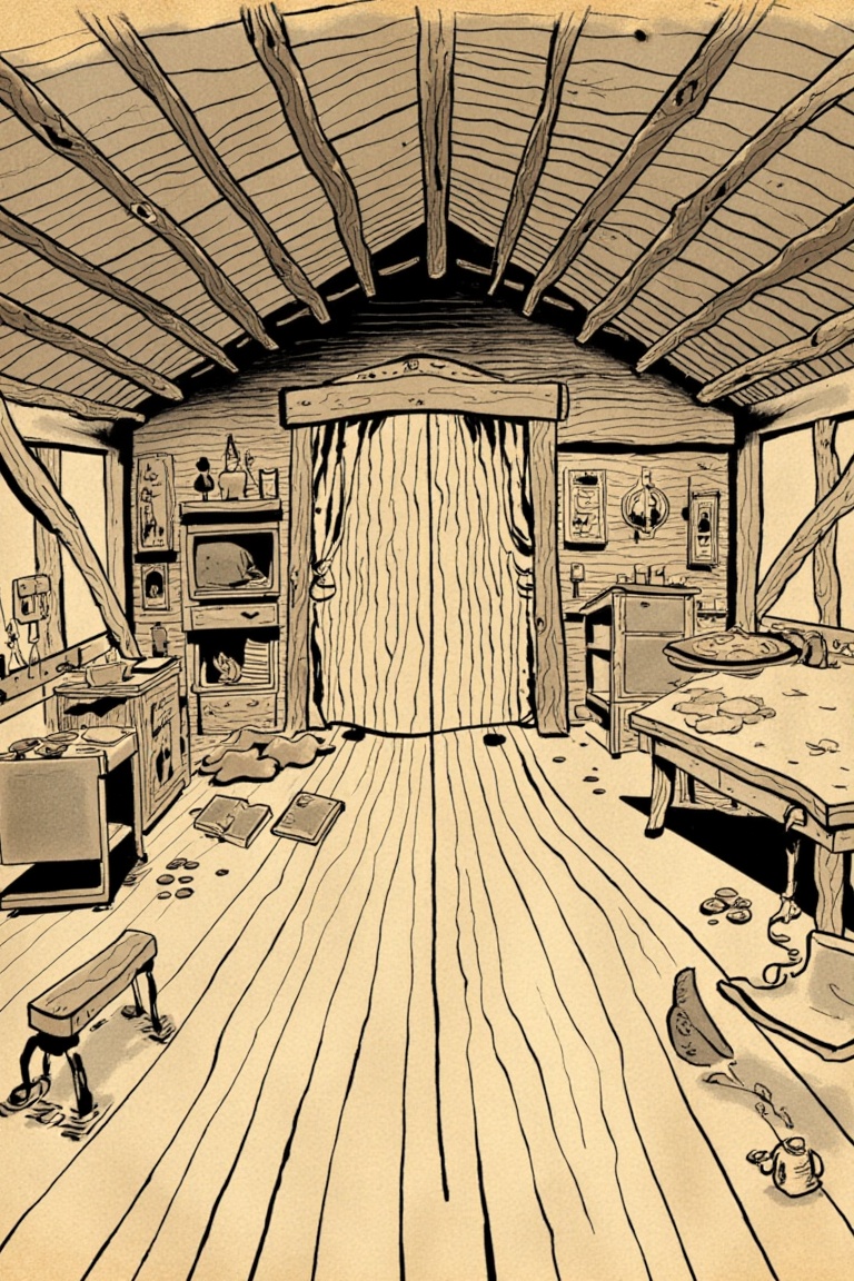 interior of a wooden building,  black ink illustration on yellowed paper on Tensor.Art