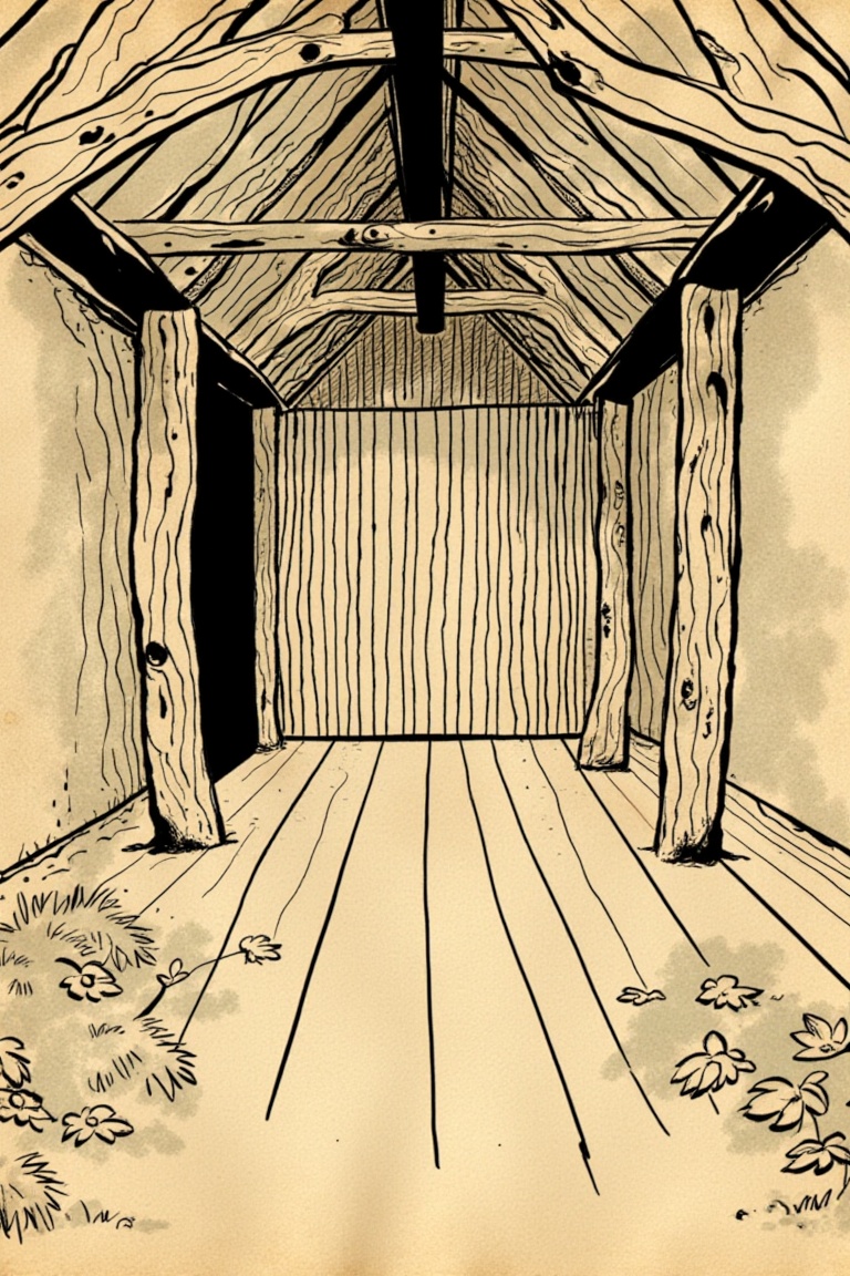 interior of a wooden building,  black ink illustration on yellowed paper on Tensor.Art