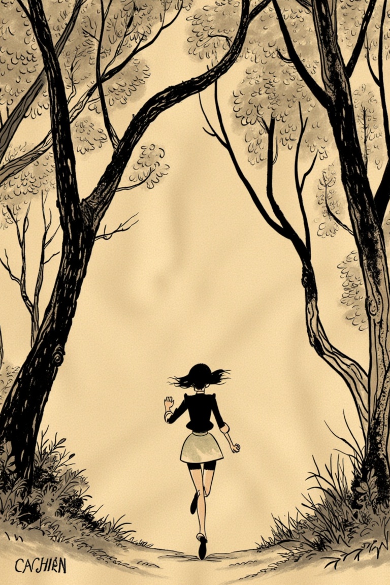 "Associate Producer INVISIDUDE",  A woman running through a forest,  ink on yellowed paper on Tensor.Art