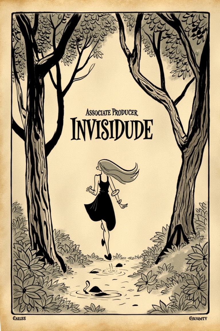 "Associate Producer INVISIDUDE",  A woman running through a forest,  black ink illustration on yellowed paper on Tensor.Art