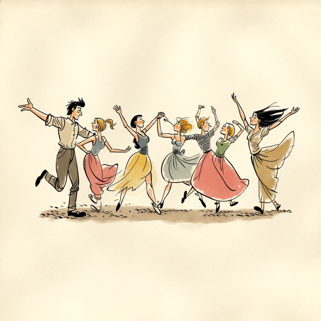 A whimsical illustration depicts a group of people in various dance poses,  rendered in vibrant ink strokes on textured pa...