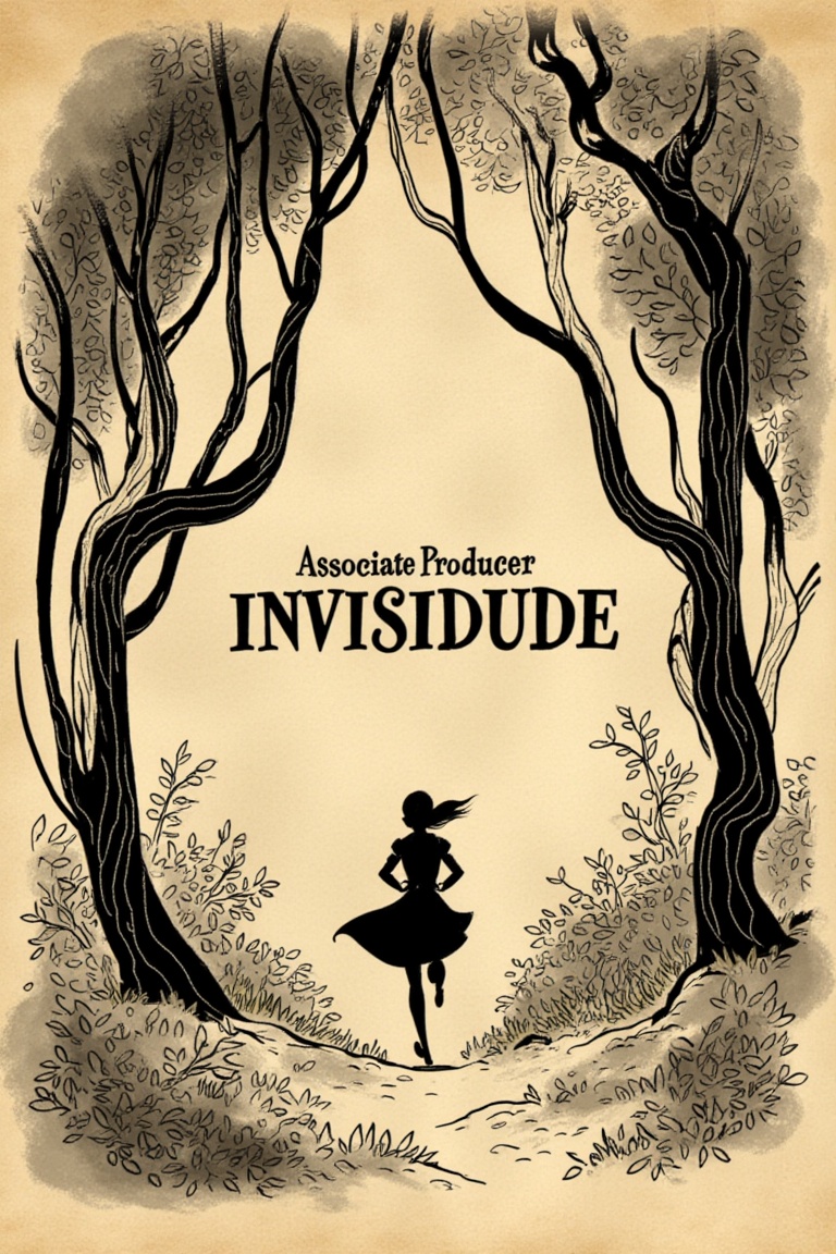 Text that says "Associate Producer INVISIDUDE",  A woman running through a forest,  ink on yellowed paper on Tensor.Art