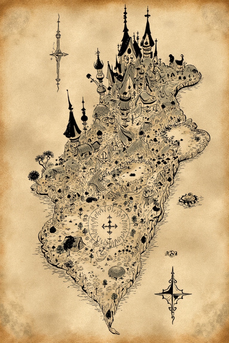 Detailed fantasy map,  black ink illustration on yellowed paper on Tensor.Art