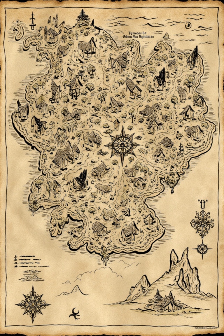 Detailed fantasy map,  black ink illustration on yellowed paper on Tensor.Art