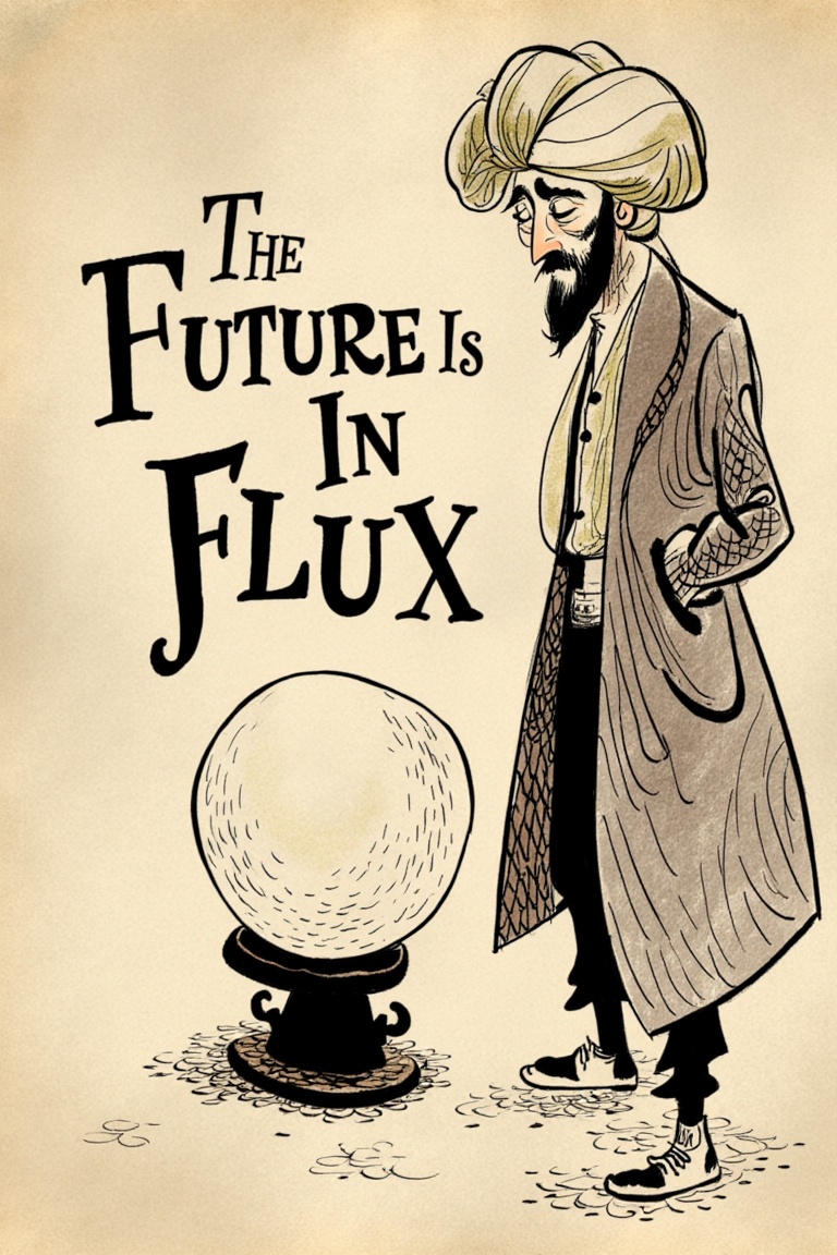 Text that says "The Future Is IN FLUX",  a crystal ball,  a man wearing a turban on Tensor.Art