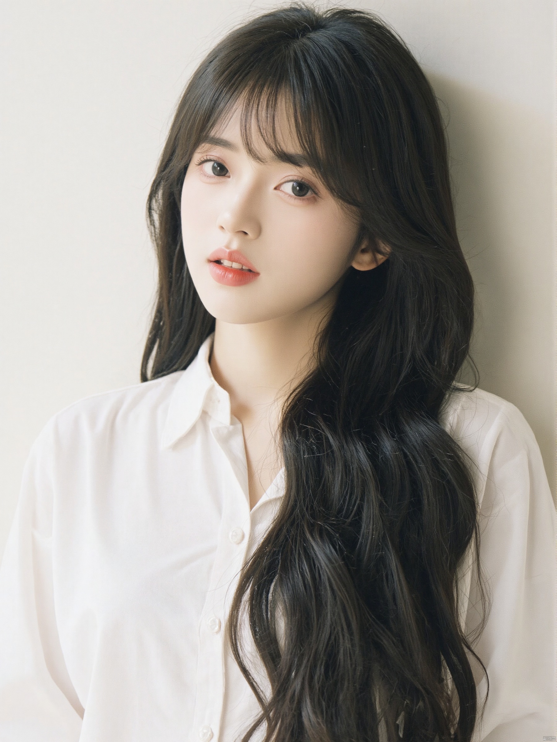 a medium-sized Asian woman with long black hair stands in front of a white wall. She is dressed in a white shirt, her hair cascades over her shoulders, adding a touch of warmth to her face. Her lips are painted a deep red, her eyes are a piercing blue, and her lips are a vibrant shade of pink. Her hair is cascading down her right shoulder, framing her left shoulder. 