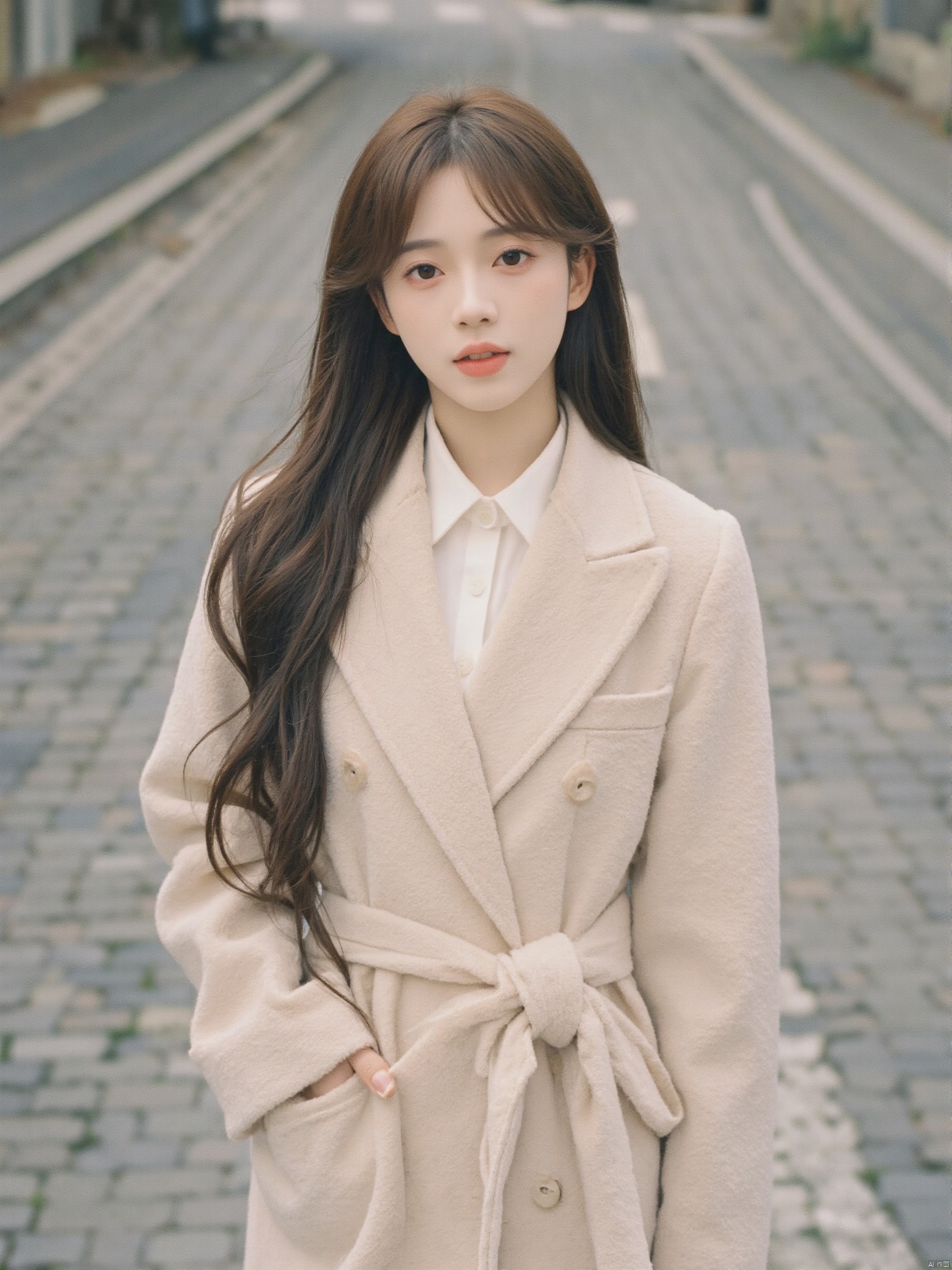 a young Asian woman stands on a cobblestone street. She is dressed in a cream-colored long-sleeved coat, adorned with a white collar and a matching white dress. Her long, dark brown hair is cascading down her shoulders, framing her face. 