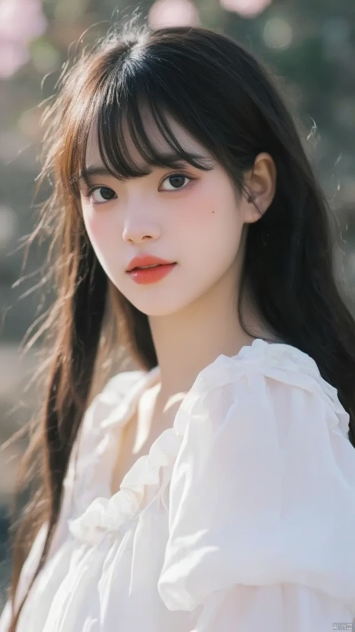 A close-up shot of a young Asian woman with dark brown eyes and dark brown hair. She is dressed in a white dress with a white blouse that has a ruffled collar. The background is blurred, but it is out of focus. The woman's lips are a vibrant shade of red. Her eyebrows are a darker shade of brown. She has a slight smile on her face, adding a pop of color to her face.