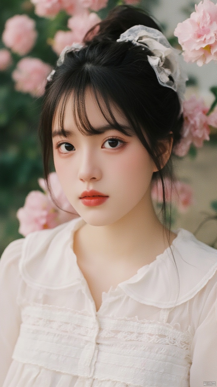A close-up shot of a young Asian woman with dark brown eyes and dark brown hair. She is dressed in a white dress with a white blouse that has a ruffled collar. The background is blurred, but it is out of focus. The woman's lips are a vibrant shade of red. Her eyebrows are a darker shade of brown. She has a slight smile on her face, adding a pop of color to her face.