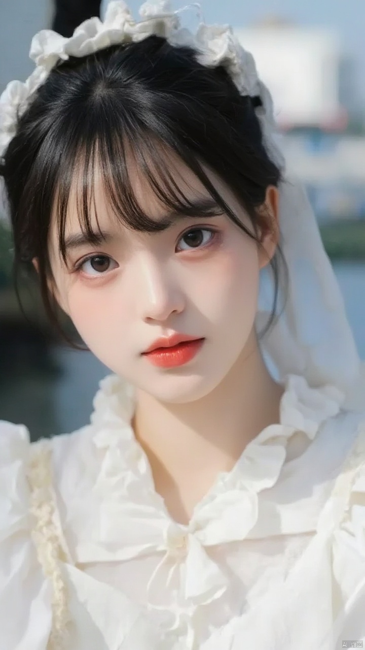 A close-up shot of a young Asian woman with dark brown eyes and dark brown hair. She is dressed in a white dress with a white blouse that has a ruffled collar. The background is blurred, but it is out of focus. The woman's lips are a vibrant shade of red. Her eyebrows are a darker shade of brown. She has a slight smile on her face, adding a pop of color to her face.