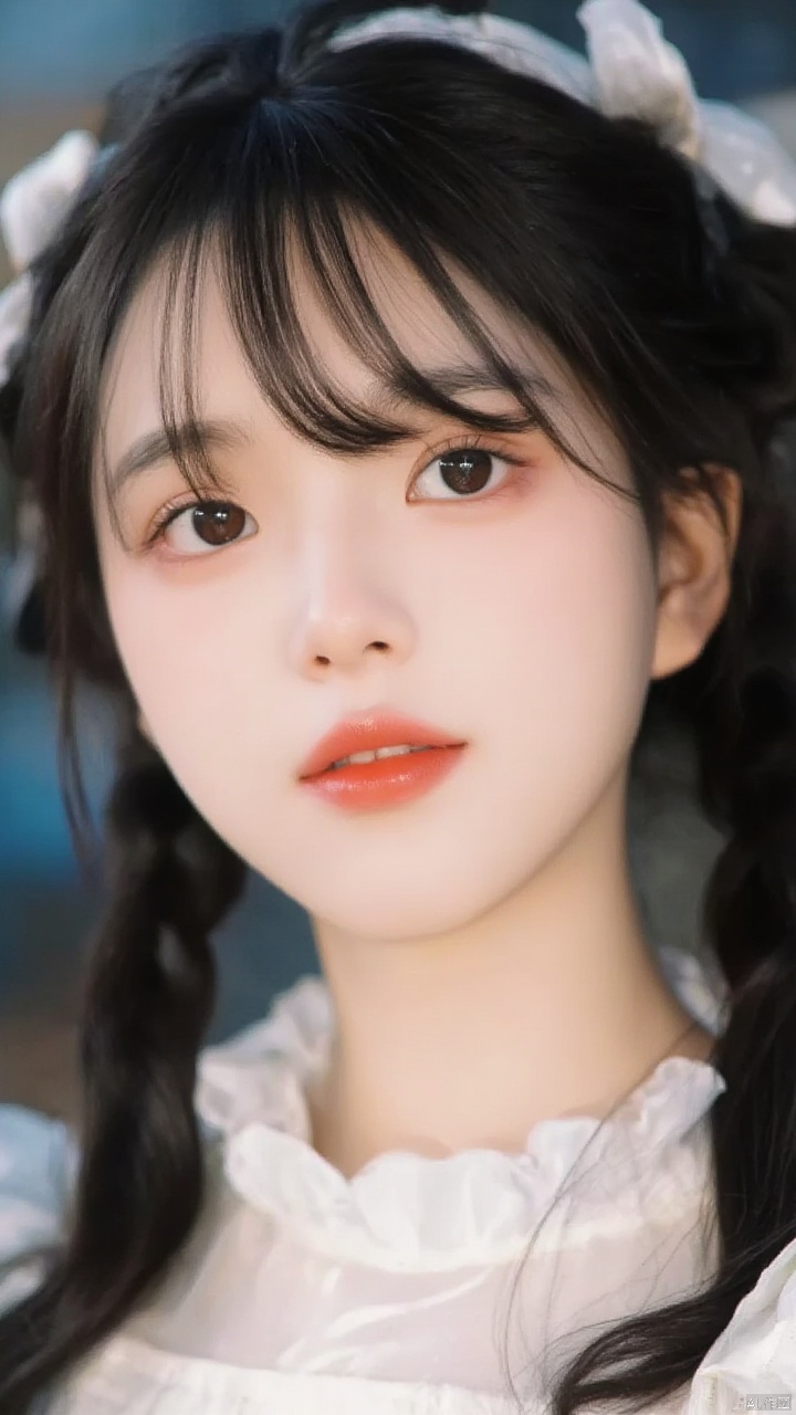 A close-up shot of a young Asian woman with dark brown eyes and dark brown hair. She is dressed in a white dress with a white blouse that has a ruffled collar. The background is blurred, but it is out of focus. The woman's lips are a vibrant shade of red. Her eyebrows are a darker shade of brown. She has a slight smile on her face, adding a pop of color to her face.