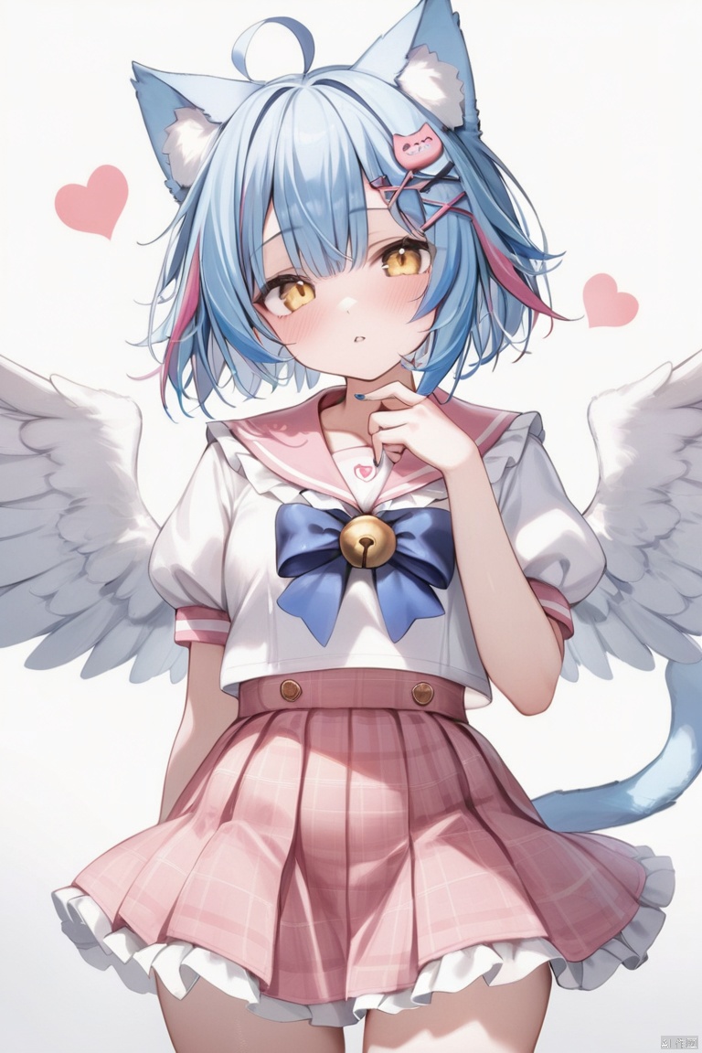 1girl, solo, looking at viewer, blush, short hair, bangs, skirt, shirt, hair ornament, white background, bow, animal ears, blue hair, standing, yellow eyes, white shirt, ahoge, short sleeves, heart, multicolored hair, cowboy shot, frills, parted lips, wings, puffy sleeves, virtual youtuber, cat ears, hand up, bowtie, sailor collar, nail polish, puffy short sleeves, streaked hair, animal ear fluff, head tilt, plaid, bell, blue bow, x hair ornament, feathered wings, pink skirt, arm behind back, kemonomimi mode, pink sailor collar
,Masterpiece,Best quality,Extremely detailed