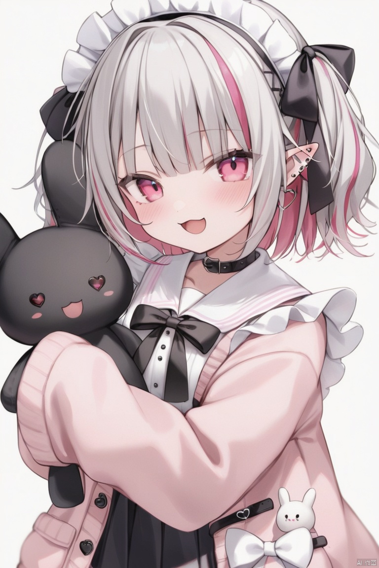 1girl, solo, looking at viewer, blush, smile, open mouth, bangs, skirt, simple background, shirt, hair ornament, long sleeves, white background, bow, jacket, pink hair, :d, grey hair, heart, multicolored hair, frills, open clothes, pointy ears, virtual youtuber, hood, black skirt, medium hair, pink eyes, sailor collar, apron, streaked hair, sleeves past wrists, maid headdress, piercing, stuffed toy, stuffed animal, ear piercing, sleeves past fingers, stuffed bunny, pink jacket, holding stuffed toy, jirai kei, makaino ririmu