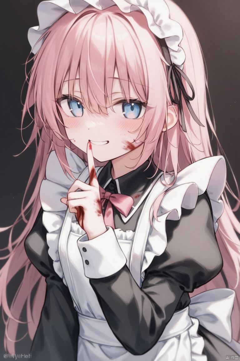 masterpiece,best quality,high quality,(colorful),Artist myush,nai3 Style,Artist hiten (hitenkei),Artist roha,loli, Artist GongHa, 1girl, solo, pink hair, blood on clothes, maid headdress, maid, long hair, smile, apron, blue eyes, blood, looking at viewer, blood on face, maid apron, blush, long sleeves, index finger raised, gotoh hitori, hair between eyes, finger to mouth, nail polish, white apron, juliet sleeves, upper body, black dress, shushing, frills, grin, dress, puffy sleeves, frilled apron, flower, blood on hands
