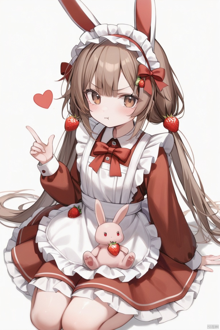 1girl, solo, long hair, looking at viewer, blush, bangs, simple background, brown hair, shirt, hair ornament, long sleeves, white background, dress, bow, twintails, brown eyes, sitting, closed mouth, full body, heart, hairband, frills, food, hand up, apron, red bow, v-shaped eyebrows, maid headdress, fruit, low twintails, red dress, white apron, index finger raised, frilled apron, rabbit, :t, pout, strawberry, red hairband, food-themed hair ornament, stuffed bunny, frilled hairband, strawberry hair ornament