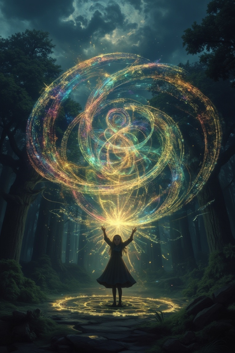 A close-up of a young girl performing an enormous magic spell in a dark forest. The dark sky above is filled with swirling...