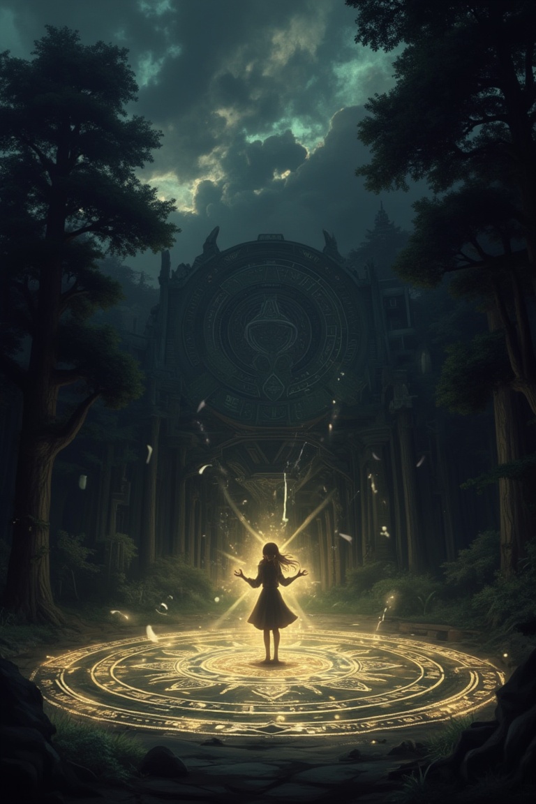 A young girl standing in the center of an enormous magic spell circle,  illuminated by a faint,  eerie glow in a dark fore...