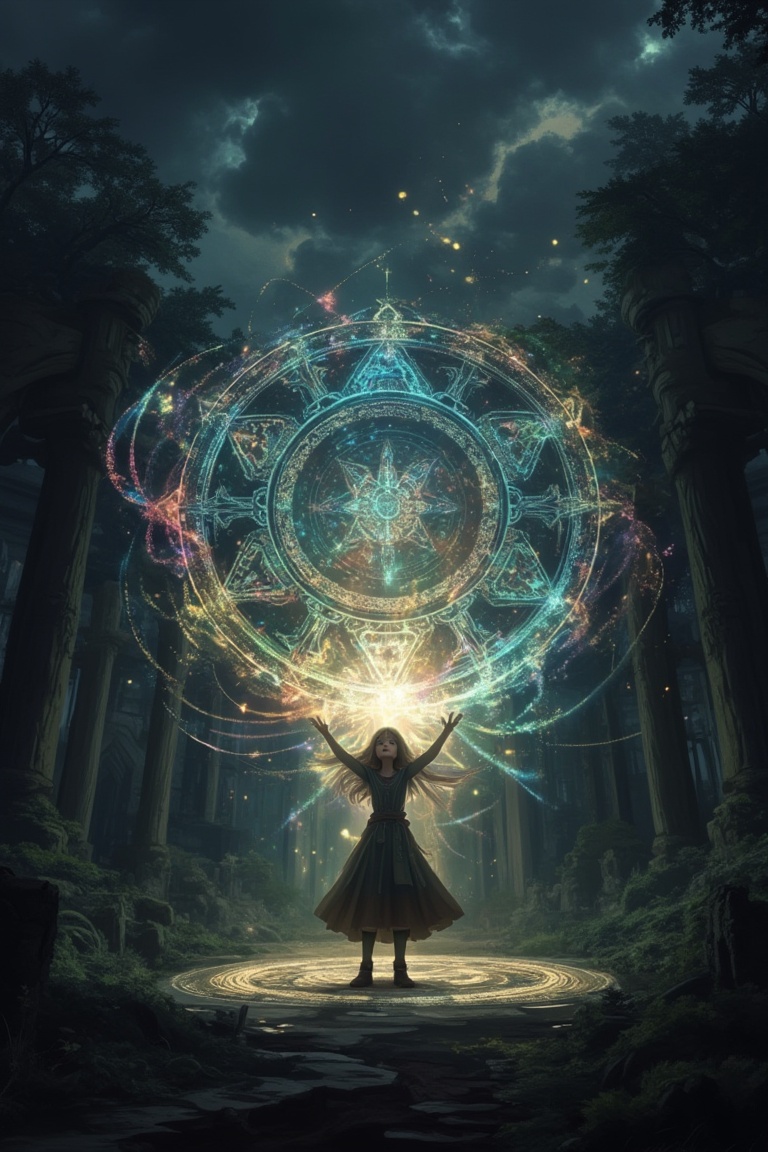 A close-up of a young girl performing an enormous magic spell in a dark forest. The dark sky above is filled with swirling...