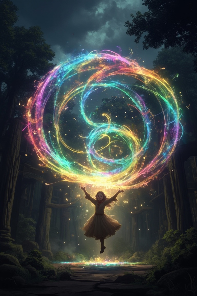 A young girl floating in mid-air,  surrounded by an enormous rainbow magic spell in a dark forest. The dark sky above is f...