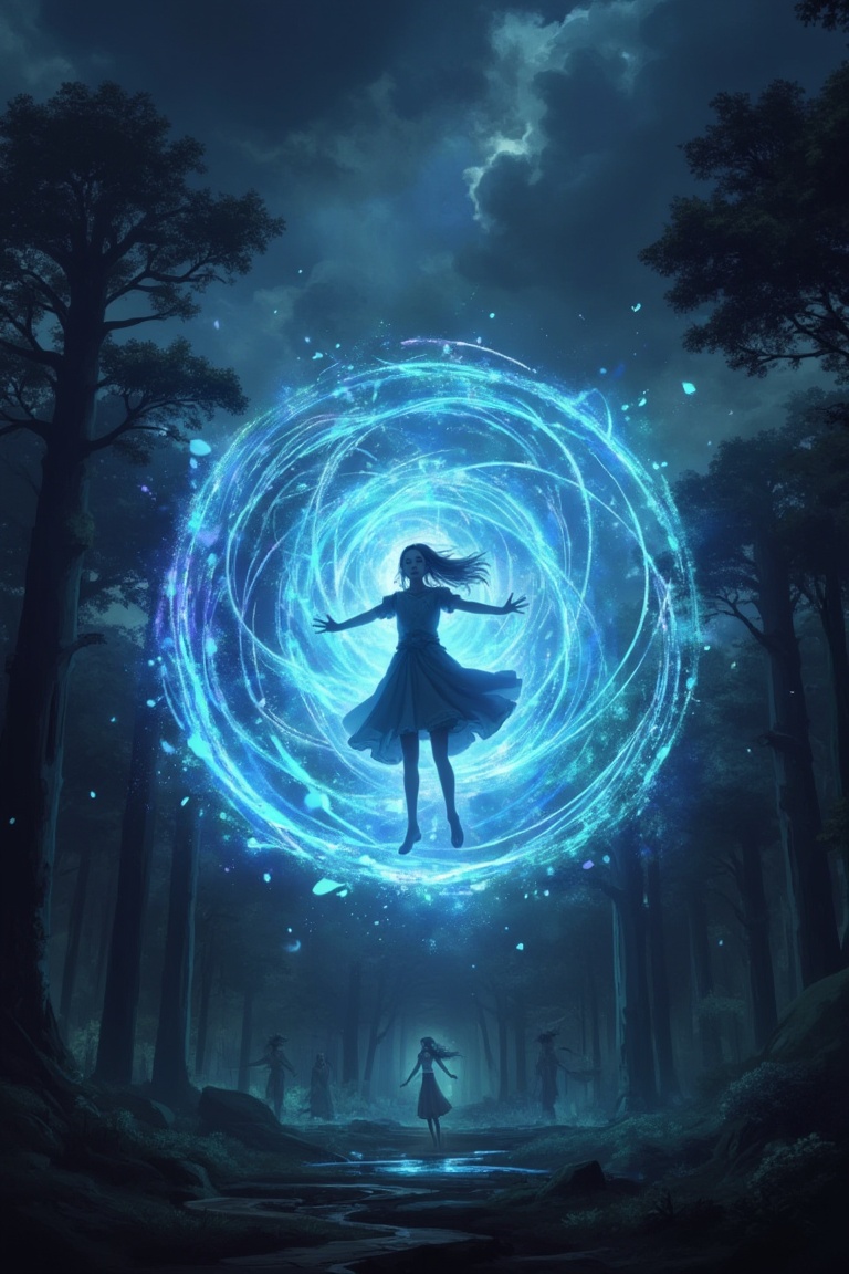 A young girl,  possessed and surrounded by an enormous blue magic spell,  floating in mid-air within a dark forest. The da...