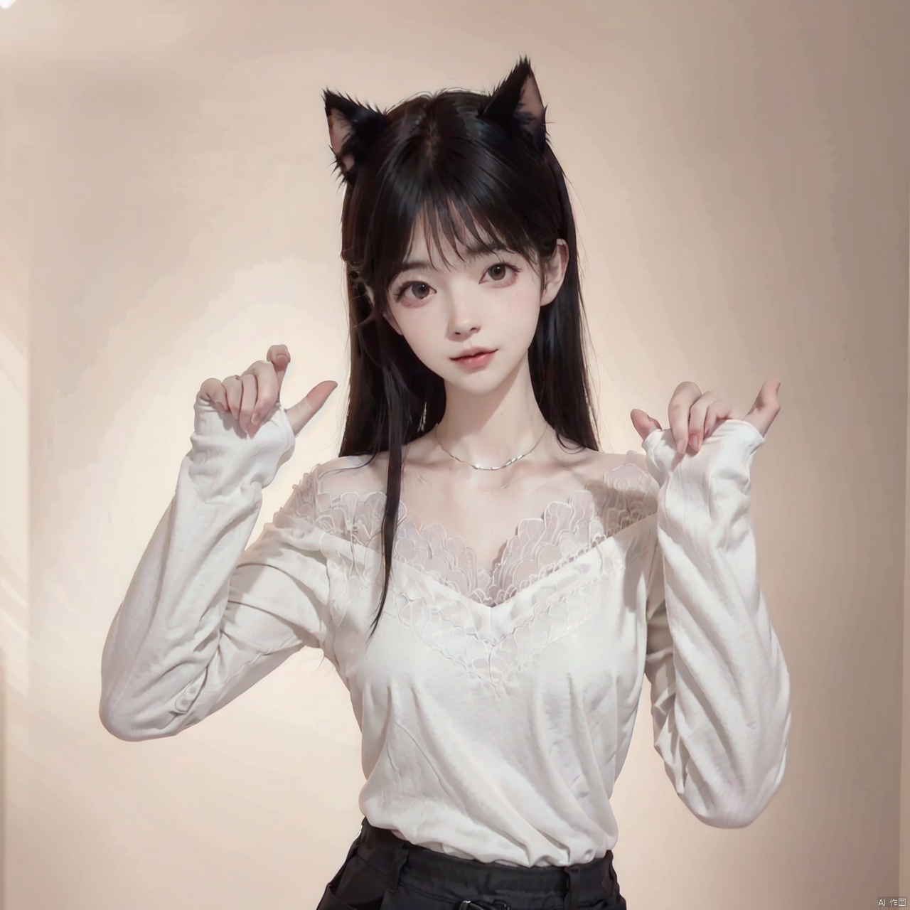 1girl, solo, long hair, looking at viewer, black hair, dress, animal ears, jewelry, indoors, cat ears, necklace, realistic