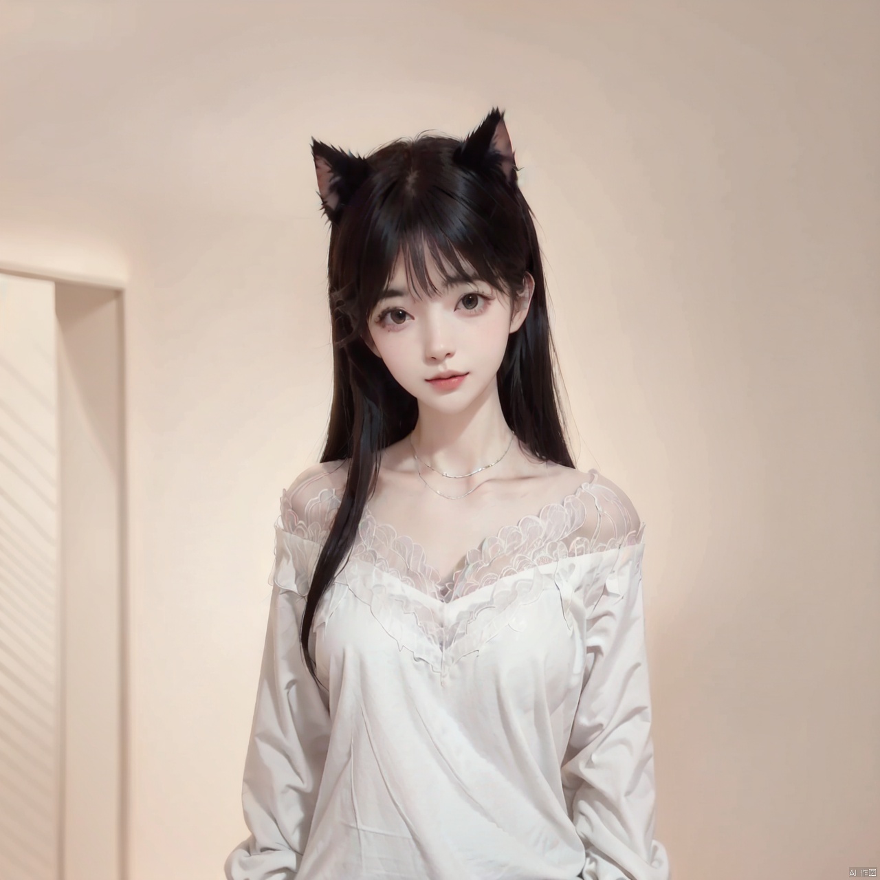 1girl, solo, long hair, looking at viewer, black hair, dress, animal ears, jewelry, indoors, cat ears, necklace, realistic