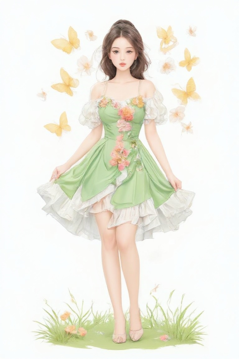 A cartoon drawing of a girl in a green dress with flowers on it. The dress is a light green with a white ruffled skirt. Th...
