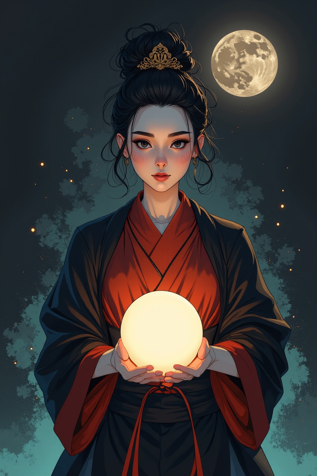 Whispers of the Moon: A minimalist anime-inspired illustration featuring a female samurai standing in front of a pitch-bla...
