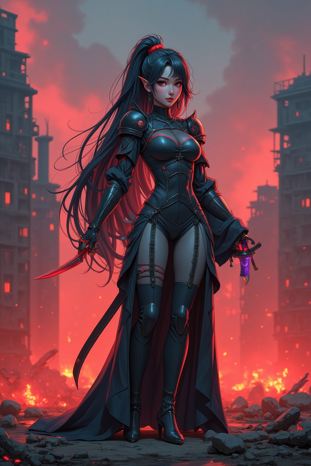 A cyborg geisha stands triumphantly amidst a smoldering metropolis,  her raven-black tresses flowing like a waterfall down...