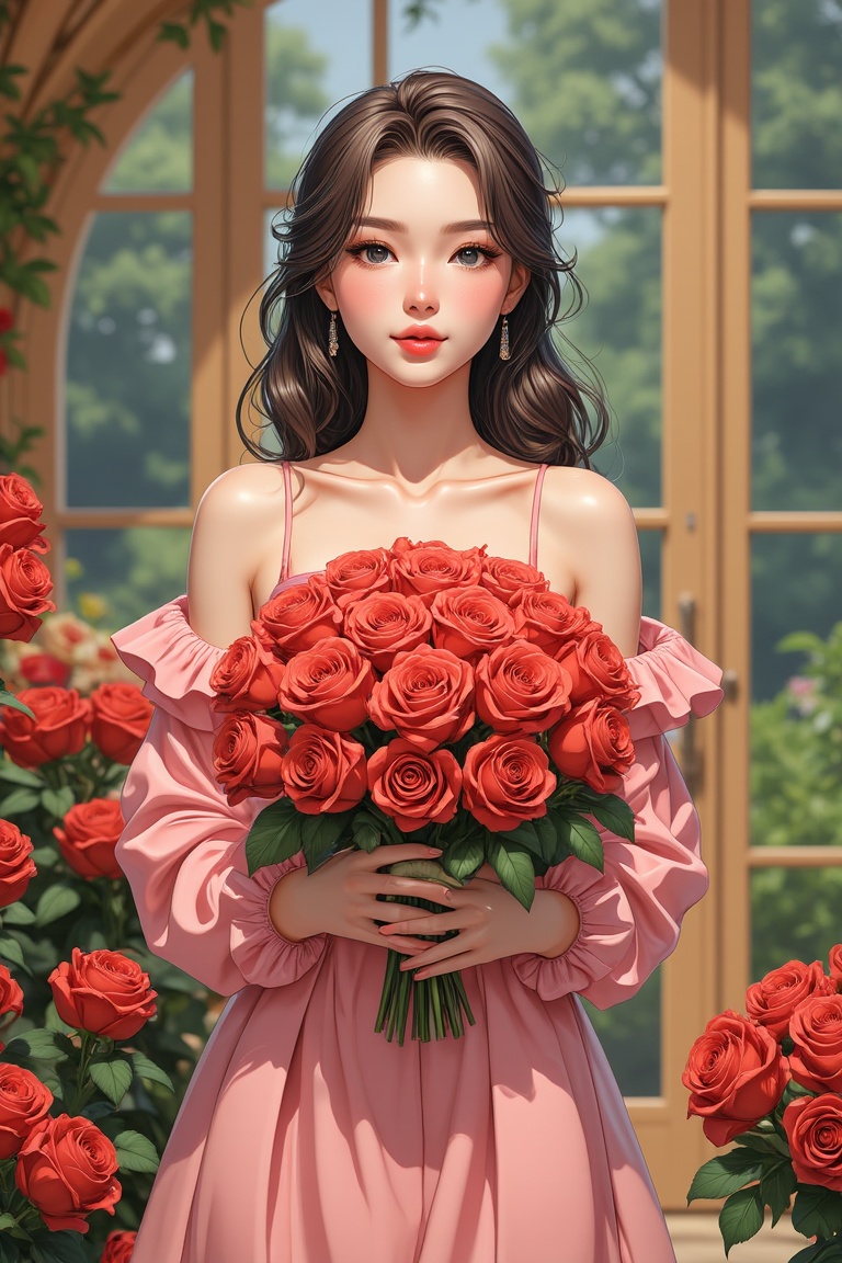 (((Anime style))),  In a presidential suite's opulent atmosphere,  a stunning teenager stands amidst a lush flower store....