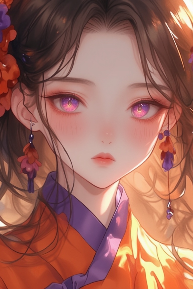 Kawacy Attire Anime Art,  close-up face of a cute girl with delicate features,  wearing orange and purple attire. The girl...