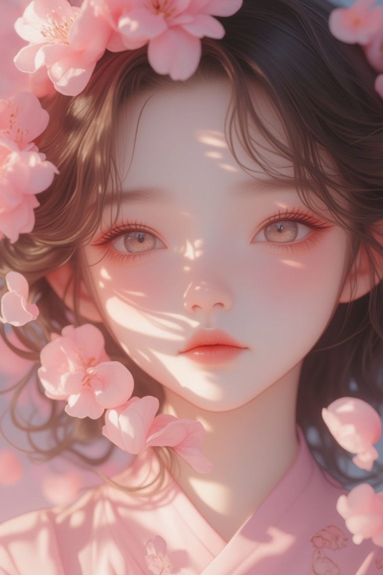 Close-up face of a girl with delicate features,  surrounded by sakura petals in a Kawacy-style. The girl's expression is s...