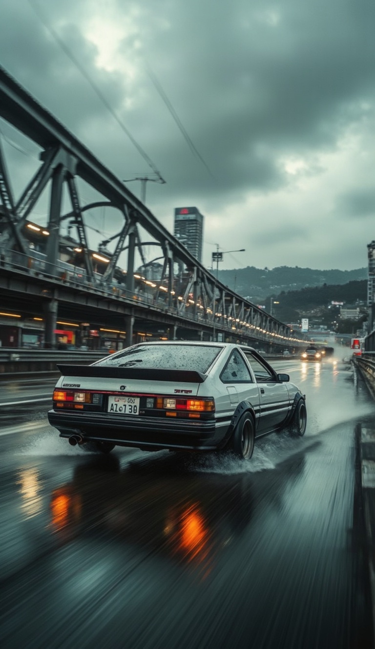 -angle shot of a while a Toyota AE86 Trueno model speeding across a metal bridge on a wet road,  focus on the rear whele a...