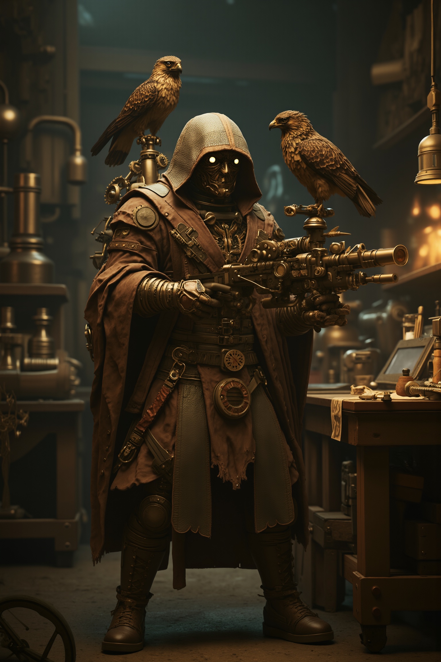 A highly detailed 8k UHD image of a steampunk-themed mummy bounty hunter,  adorned with intricate gears,  leather straps o...